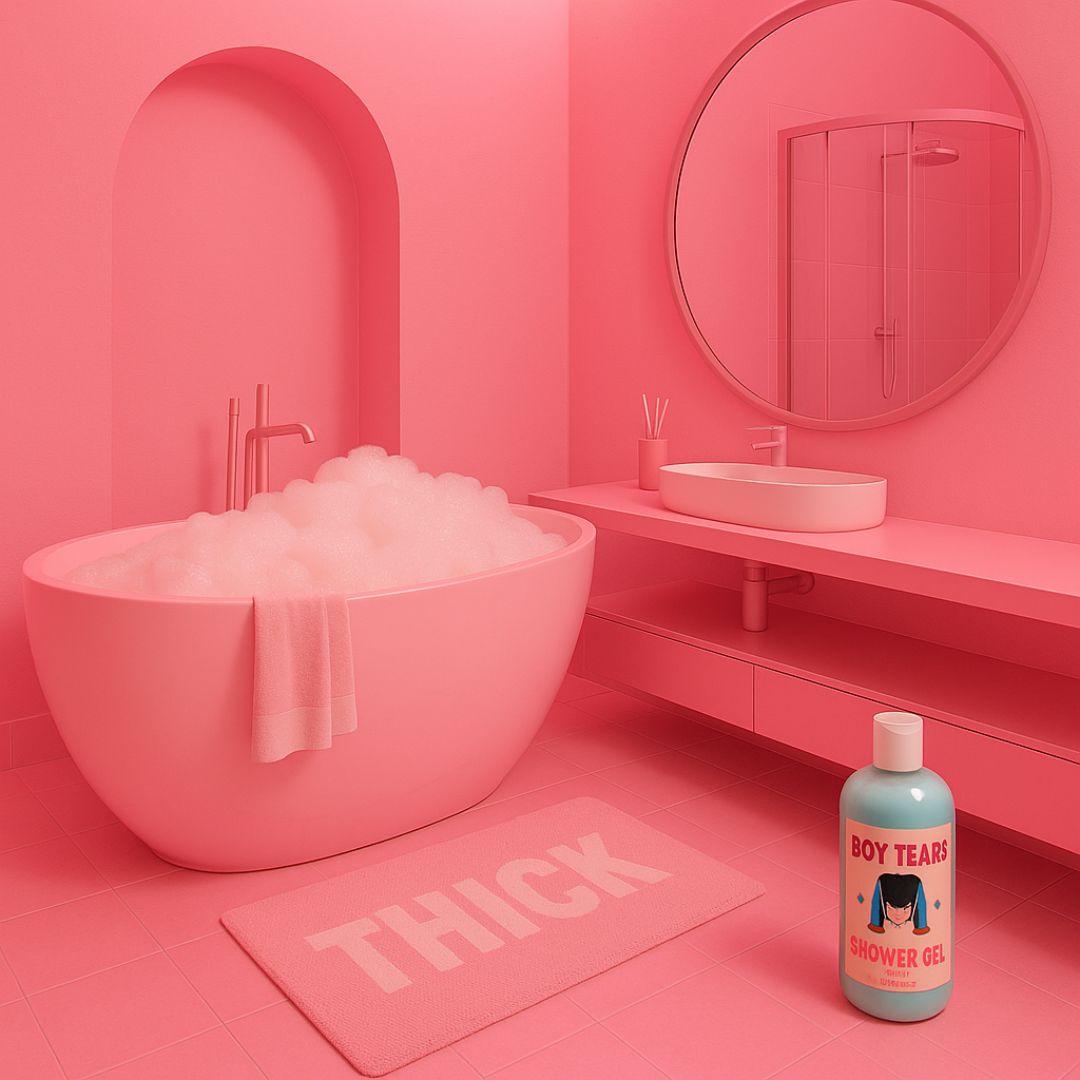 Boy Tears shower gel in a pink bathroom with a THICK bath mat